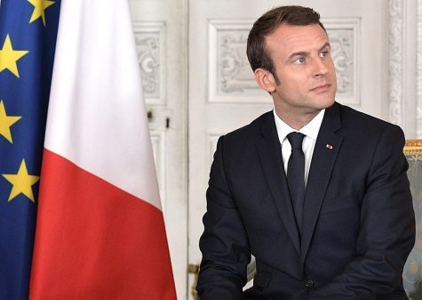 The French president Emmanuel Macron, during a meeting with the Russian president Vladimir Putin (Versailles). 